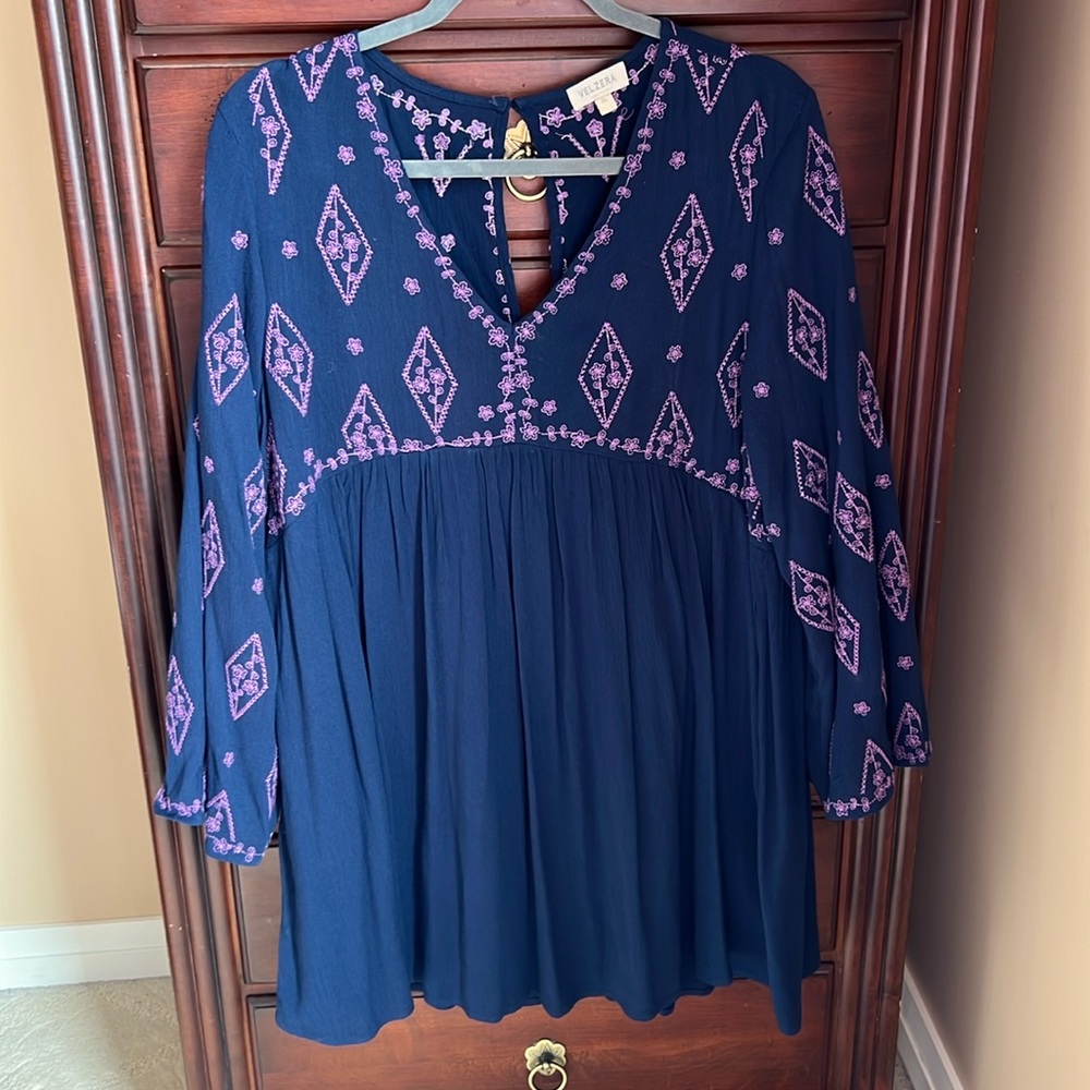 Velzera Blue Tunic with Pink Purple Embroidery XL NWOT